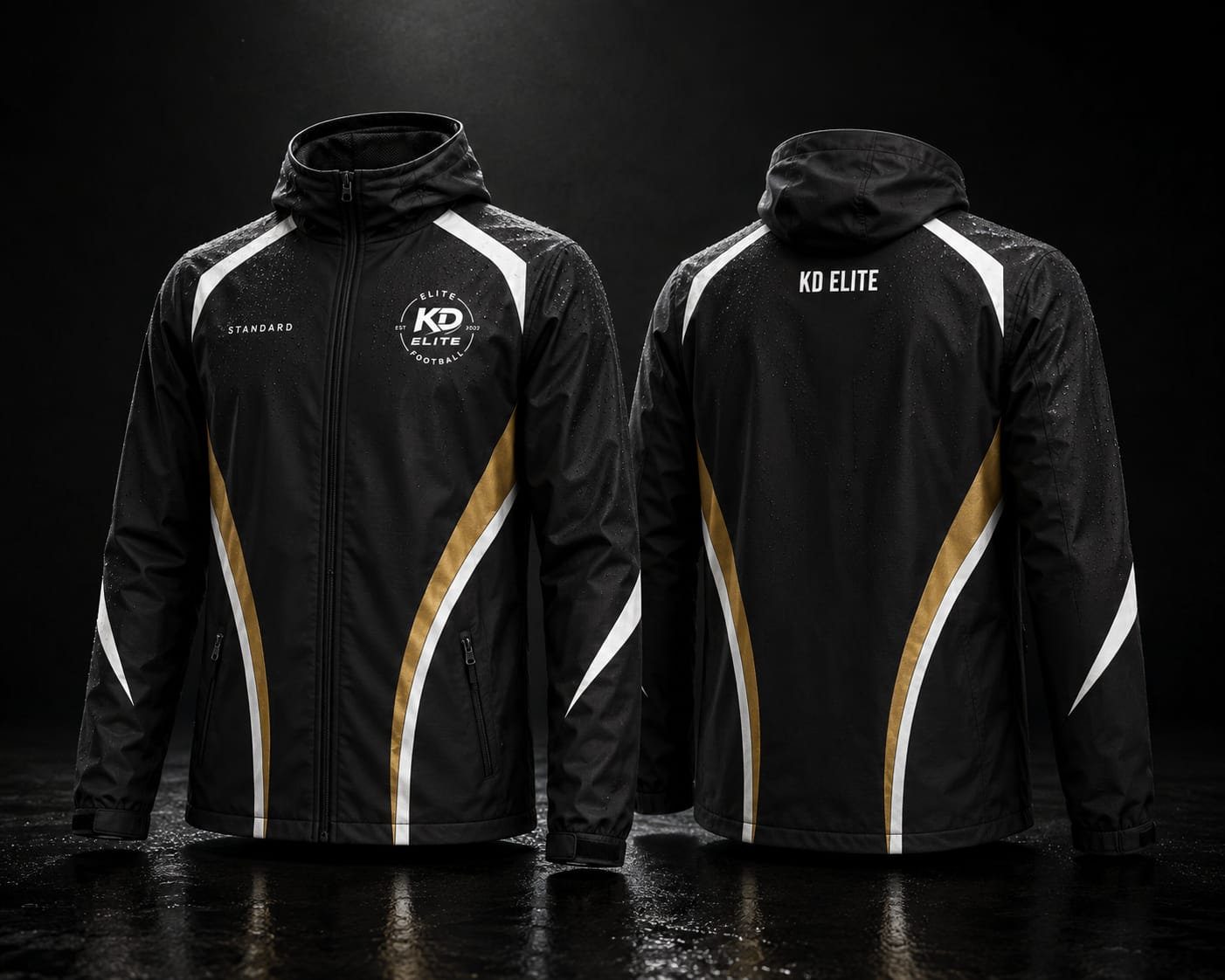 KD Elite Rain Jacket — black hooded rain jacket, front and back